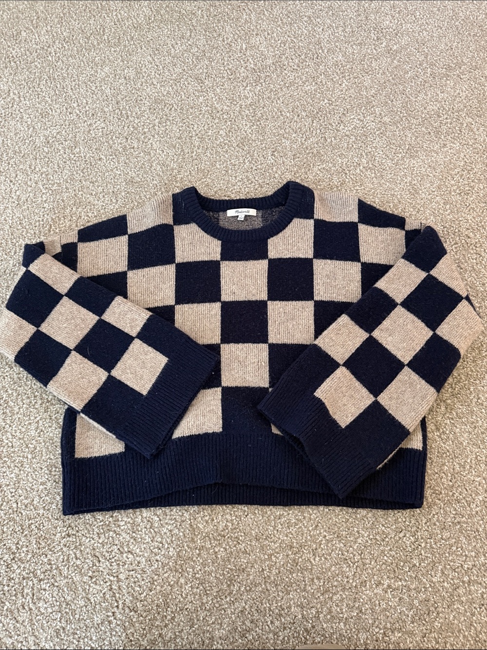 Madewell Navy and Beige Checkerboard Crewneck Sweater